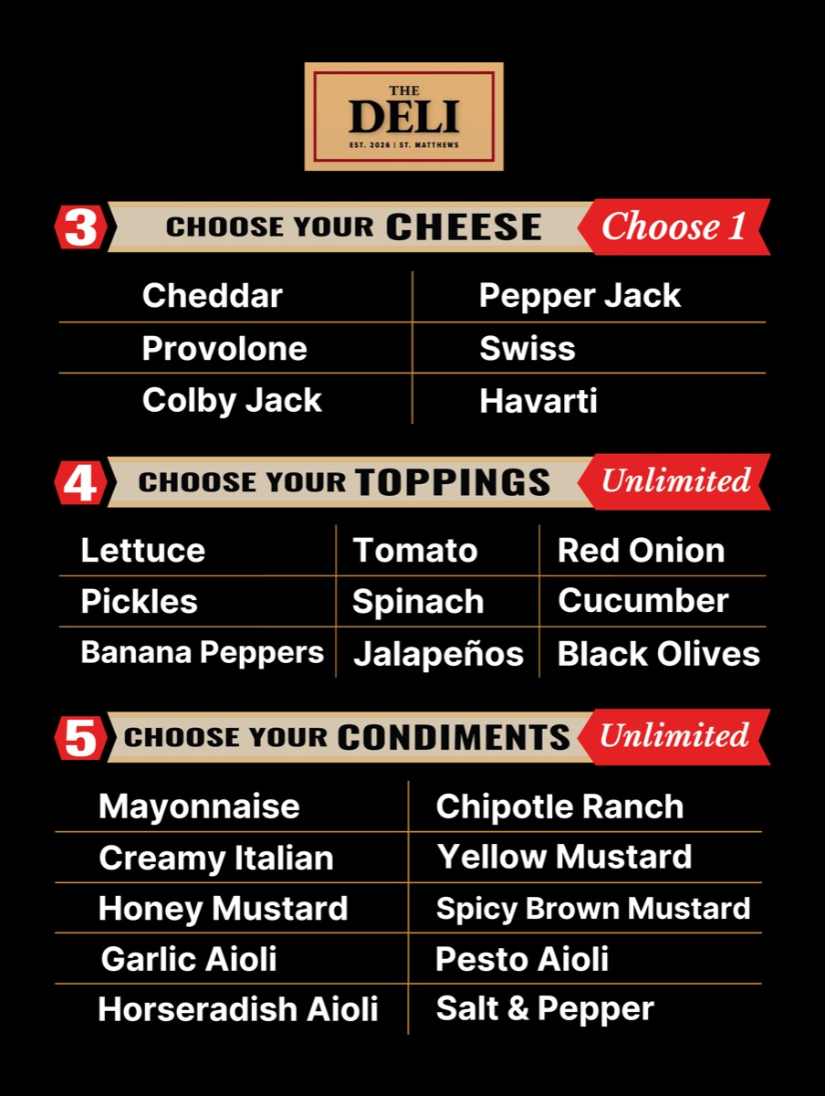 The Deli menu board - Choose your cheese, toppings, and condiments